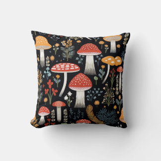Mushrooms and Foliage on Black Background 2 Throw Pillow