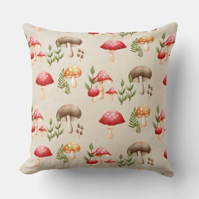 Mushrooms and Forest Foliage Throw Pillow (Front)