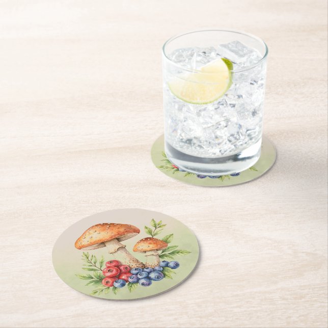 Mushrooms and Fruit Berries  Round Paper Coaster (Insitu)