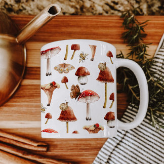 Mushrooms and Insects Watercolor Woodland Mug