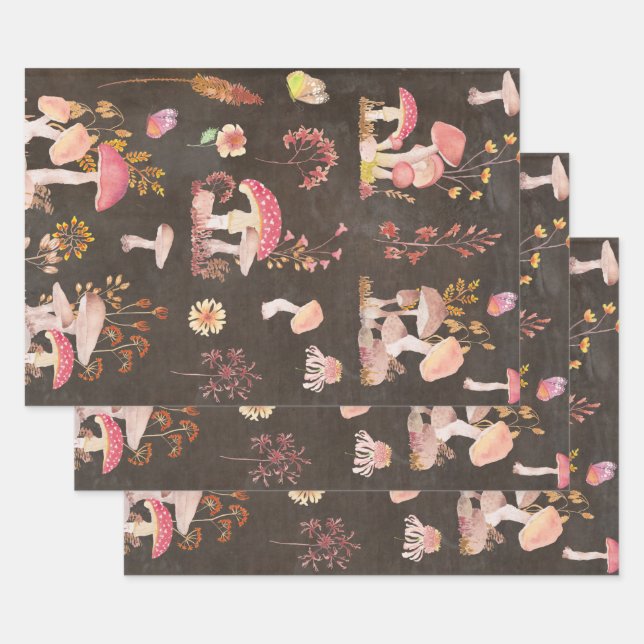 Mushrooms and wild flowers  wrapping paper sheets (Set)