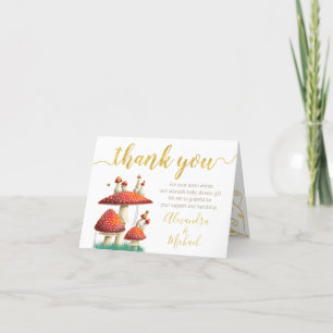 Mushrooms & bees, gold foil, baby shower letterpress thank you card