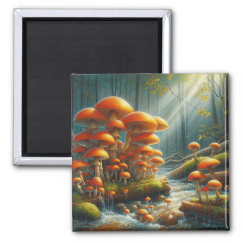 mushrooms big small orange red flowing water fores magnet