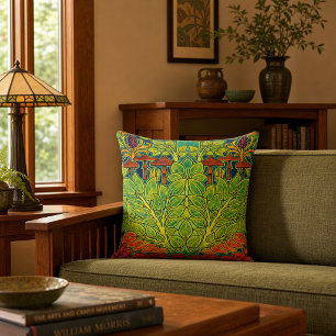 Mushrooms Bird Retro Art Nouveau Pattern by Voysey Throw Pillow