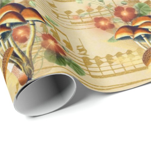 Mushrooms Brown Orange Vintage Song Gold Notes Wrapping Paper
