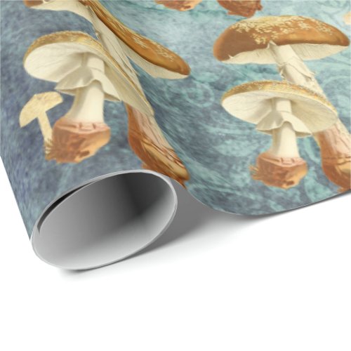 Mushrooms Brown Woodland Antique Blue Teal Wrapping Paper