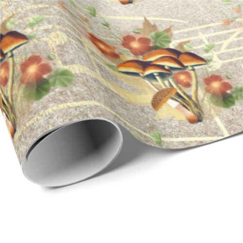 Mushrooms Brown Woodland Antique Song Gold Notes Wrapping Paper
