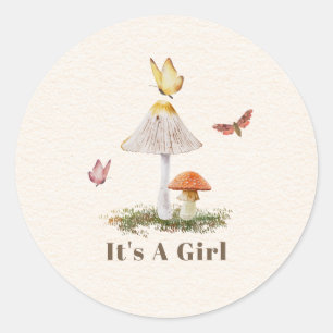 Mushrooms Butterflies Nature Girl Baby Shower Classic Round Sticker