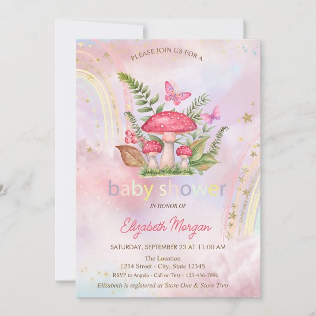 Mushrooms Butterflies Rainbow Floral Baby Shower Invitation (Front)