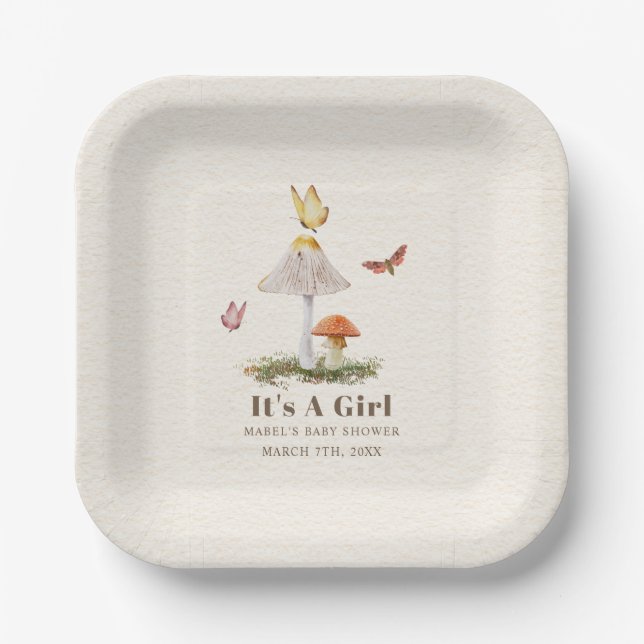 Mushrooms Butterflies Woodland Girl Baby Shower  P Paper Plates (Front)