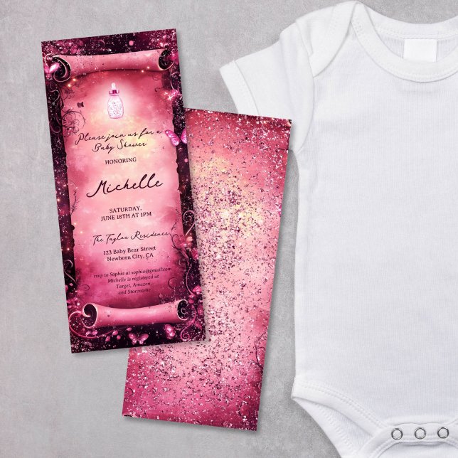 Mushrooms Butterfly Enchanted Forest Scroll Baby Invitation (magic pink glitter enchanted forest parchment scroll)