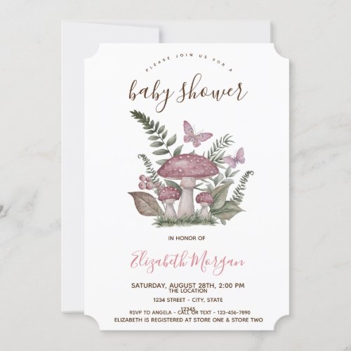 Mushrooms Butterfly Pink Stripes Baby Shower   Invitation