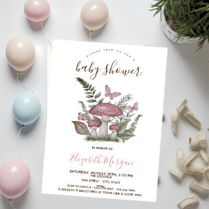 Mushrooms Butterfly Pink Stripes Baby Shower Invitation