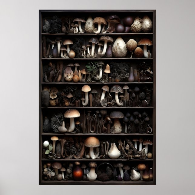Mushrooms Collection In Moss, Fall Woodland Poster (Front)