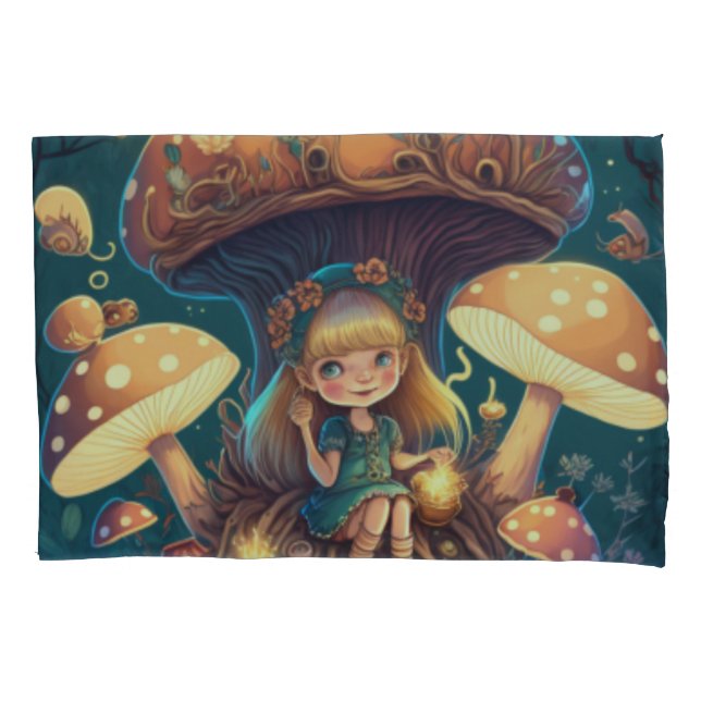 Mushrooms elfs  in the field    pillow case (Front)