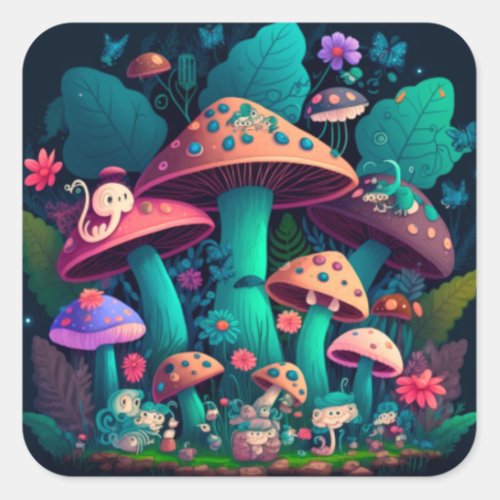 Mushrooms elfs  in the field   square sticker