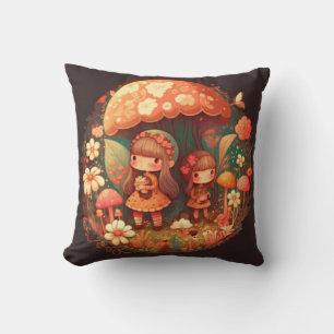 Mushrooms elfs  in the field throw pillow