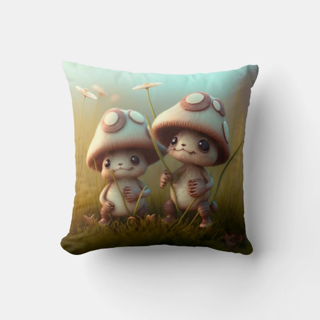 Mushrooms elfs  in the field throw pillow (Front)