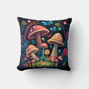Mushrooms elfs in the field throw pillow