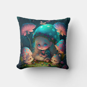 Mushrooms elfs  in the field throw pillow