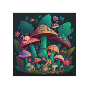 Mushrooms elfs  in the field  wood wall art