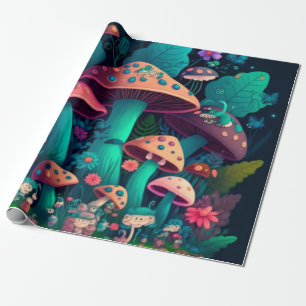 Mushrooms elfs in the field wrapping paper