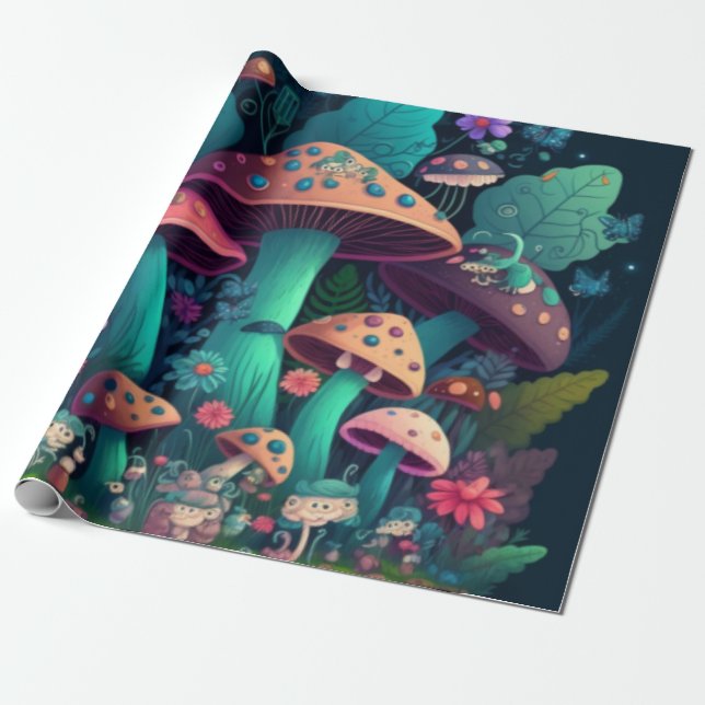 Mushrooms elfs  in the field   wrapping paper (Unrolled)