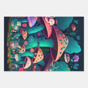 Mushrooms elfs in the field wrapping paper sheets