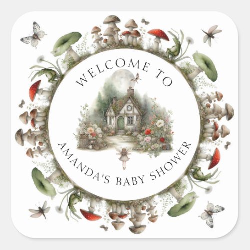 Mushrooms Fairy Floral Welcome Baby Girl Shower Square Sticker