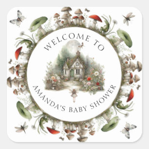 Mushrooms Fairy Floral Welcome Baby Girl Shower Square Sticker