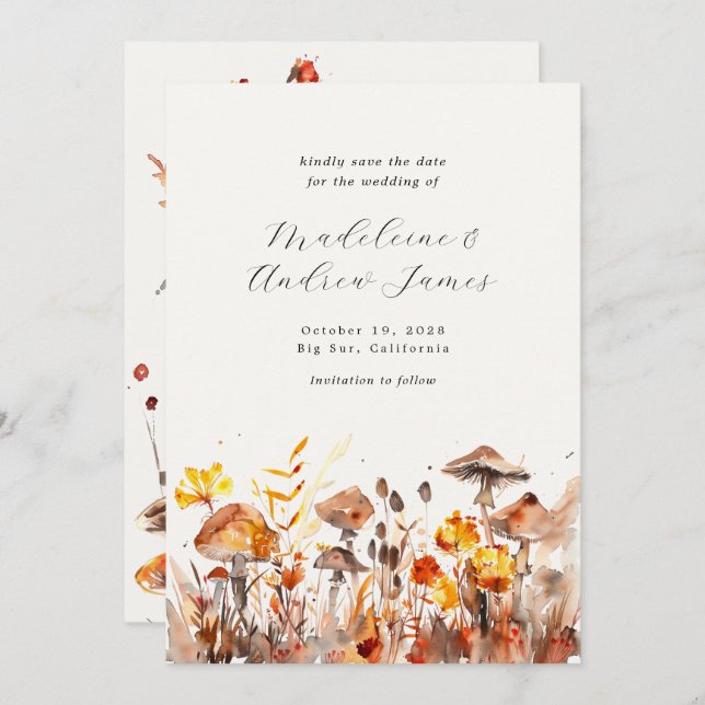 Mushrooms Fall Wild Flowers Calligraphy Wedding Save The Date (Front/Back)