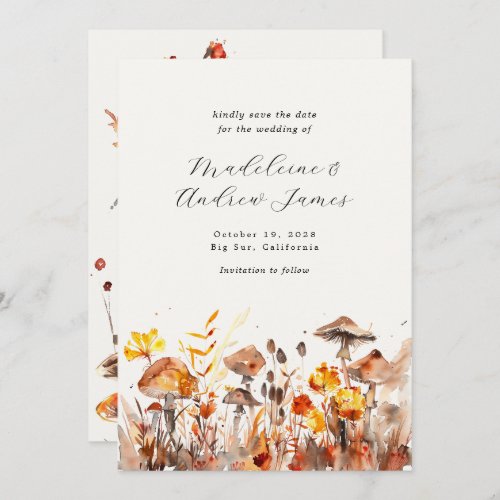 Mushrooms Fall Wild Flowers Calligraphy Wedding Save The Date