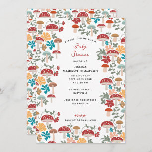 Mushrooms & Floral Mid Century Baby Shower Invitation
