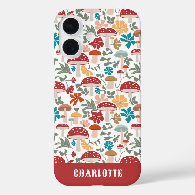 Mushrooms & Floral Mid Century Modern Custom Name Case-Mate iPhone Case (Back)