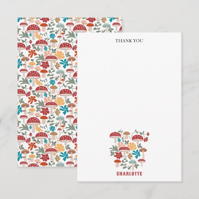 Mushrooms & Floral Mid Century Modern Custom Name Thank You Card (Front/Back)