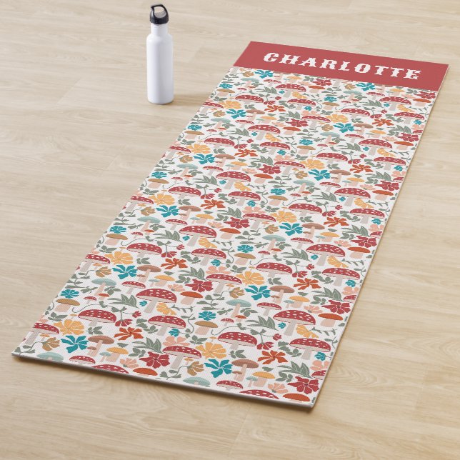 Mushrooms & Floral Mid Century Modern Custom Name Yoga Mat (In Situ)