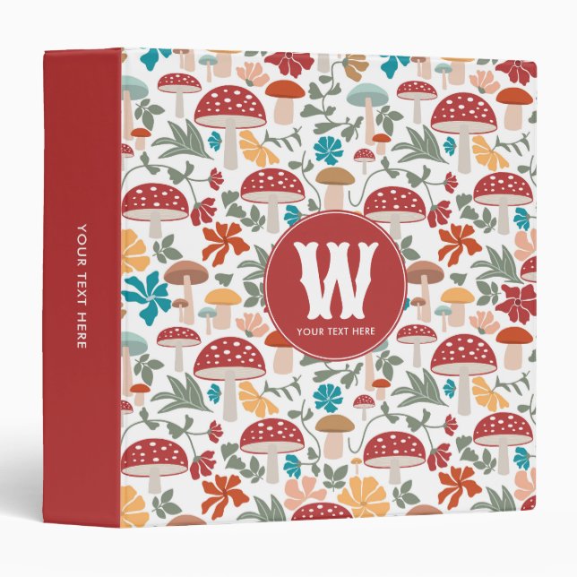 Mushrooms & Floral Mid Century Modern Monogram 3 Ring Binder (Front/Spine)