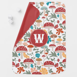 Mushrooms & Floral Mid Century Modern Monogram Baby Blanket