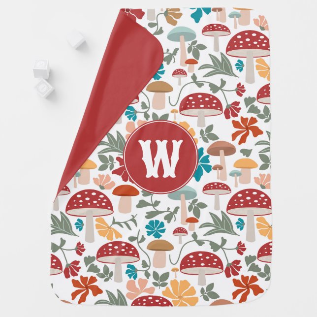 Mushrooms & Floral Mid Century Modern Monogram Baby Blanket (In Situ)