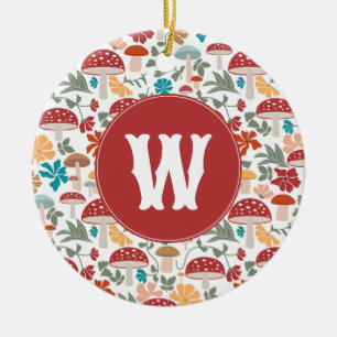 Mushrooms & Floral Mid Century Modern Monogram Ceramic Ornament