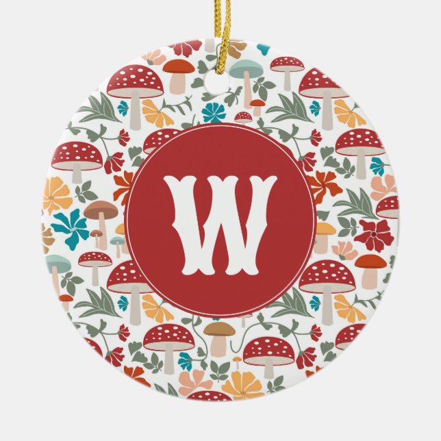 Mushrooms & Floral Mid Century Modern Monogram Ceramic Ornament (Front)