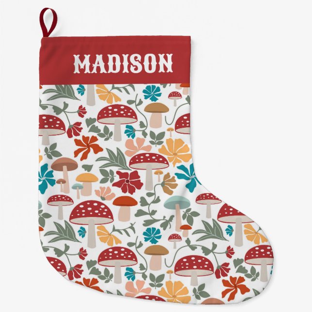 Mushrooms & Floral Mid Century Modern Monogram Large Christmas Stocking (Front)