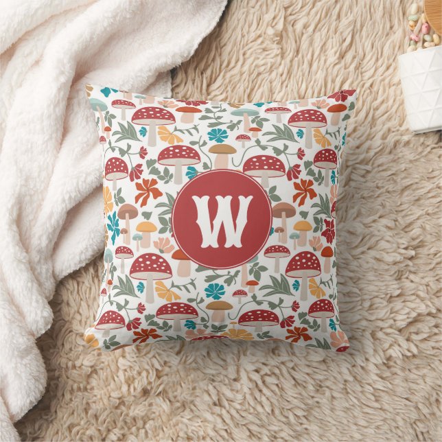 Mushrooms & Floral Mid Century Modern Monogram Throw Pillow (Blanket)