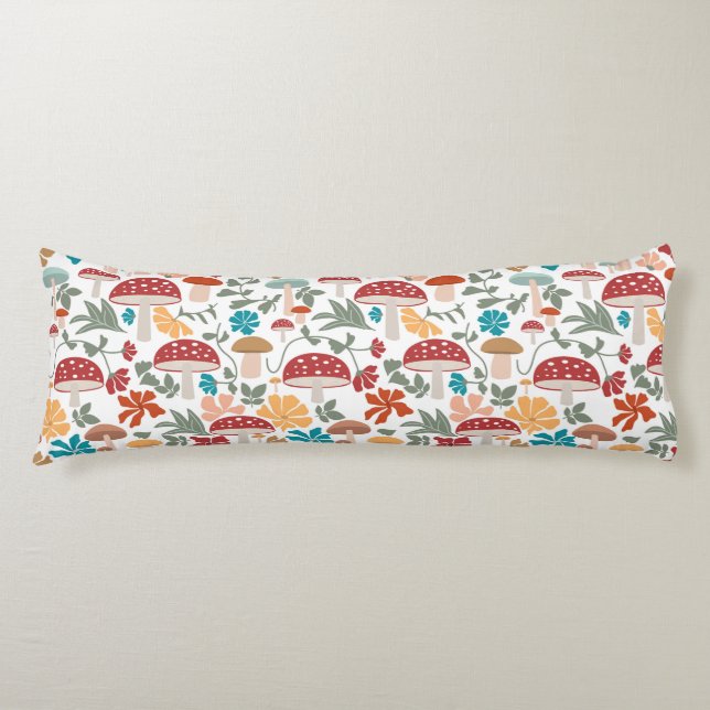Mushrooms & Floral Mid Century Modern Pattern Body Pillow (Front)