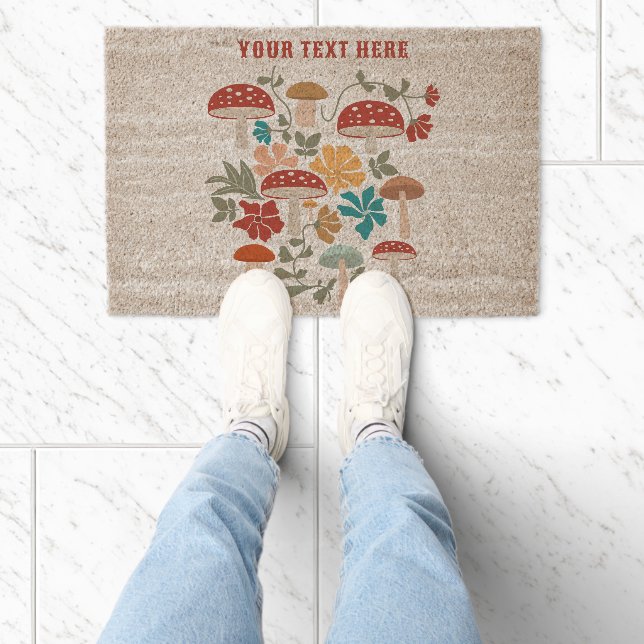 Mushrooms & Floral Mid Century Modern Pattern Fiber Doormat (Insitu)