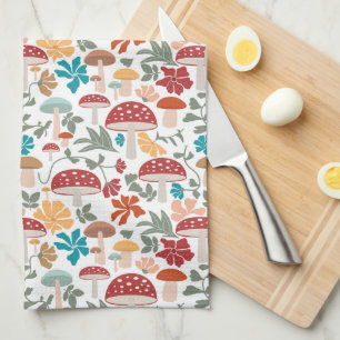 Mushrooms & Floral Mid Century Modern Pattern Kitchen Towel