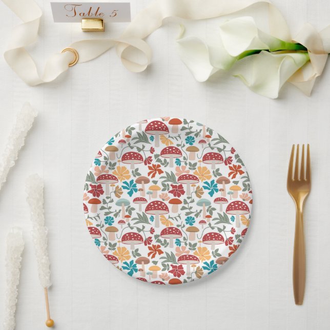Mushrooms & Floral Mid Century Modern Pattern Paper Plates (Wedding)