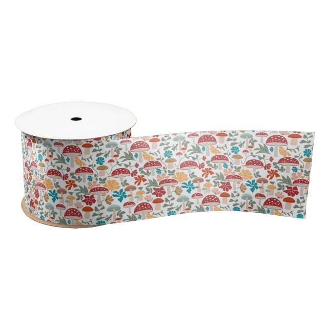 Mushrooms & Floral Mid Century Modern Pattern Satin Ribbon (Spool)