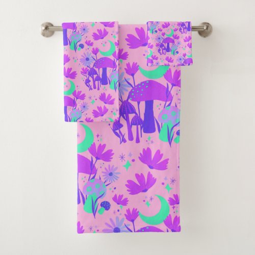 Mushrooms  florals _ lavender rose  purple bath towel set