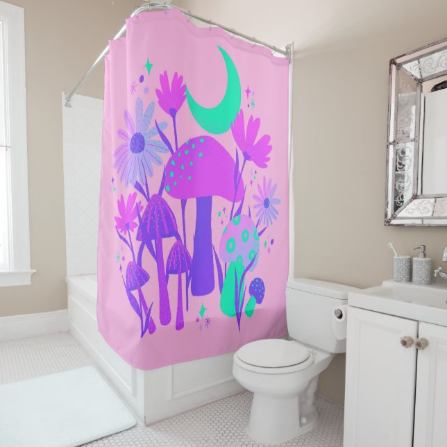 Mushrooms & florals - lavender rose & purple shower curtain (In Situ)